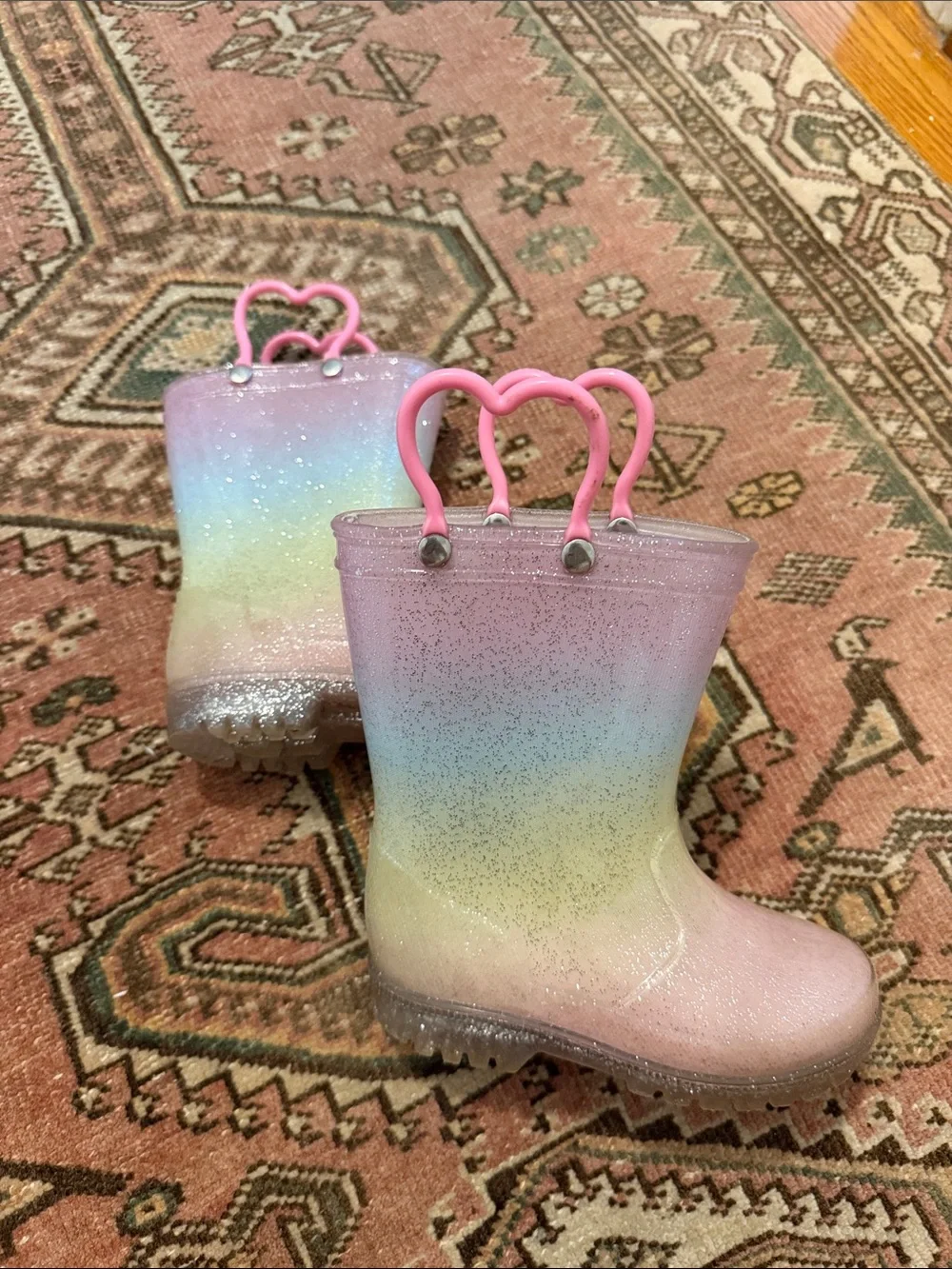 Rainbow glitter light up heart handle rain boots toddler little girl boy size 8